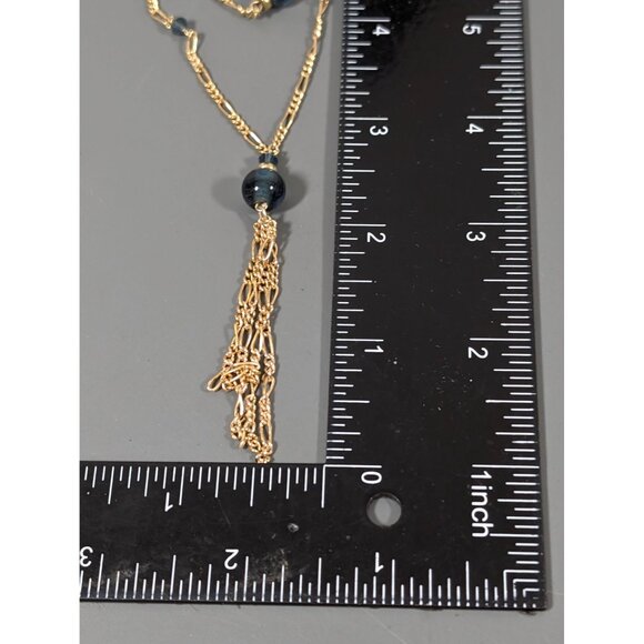 Retro Blue Glass Bead Gold Tone Figaro Multi Chain Tassel Layer Necklace 17" - Picture 7 of 7